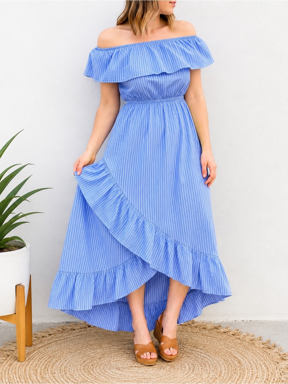 Blue White Stripe Off Shoulder Hi Low Ruffle Maxi Midi Dress NWT Medium